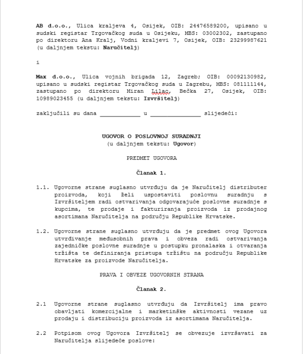 Ugovor o poslovnoj suradnji | Tri (3) primjera | Word dokumenti