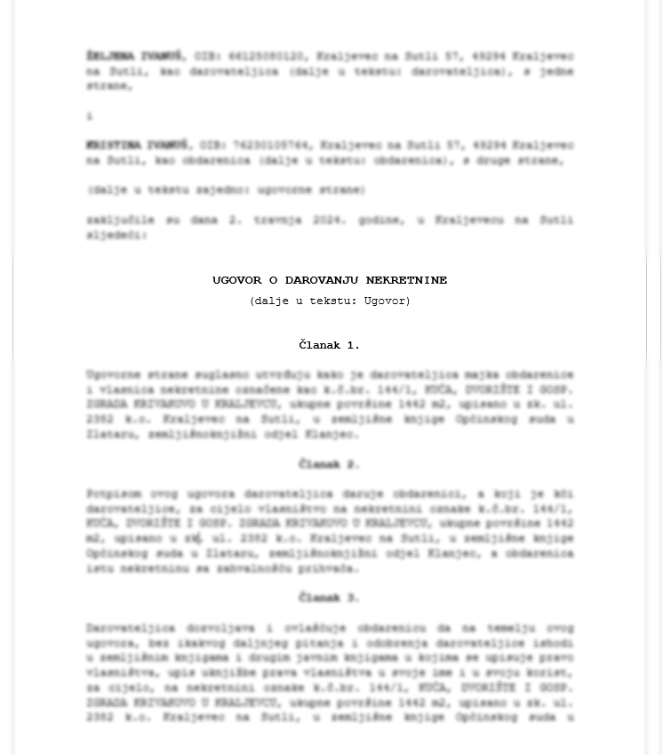 ugovor o darovanju nekretnine primjer word